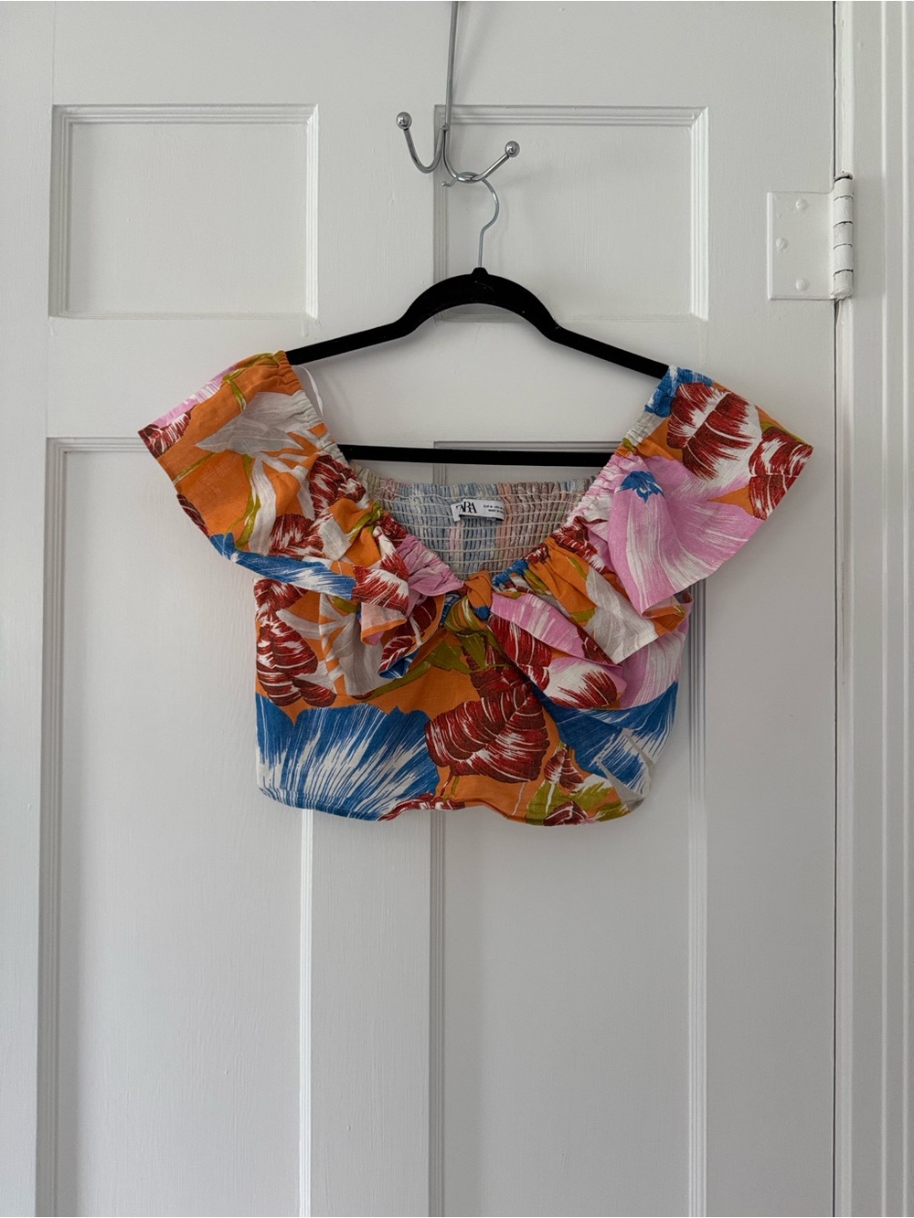 Zara Multicolor Floral Off-Shoulder Crop Top in Orange, Pink, Blue